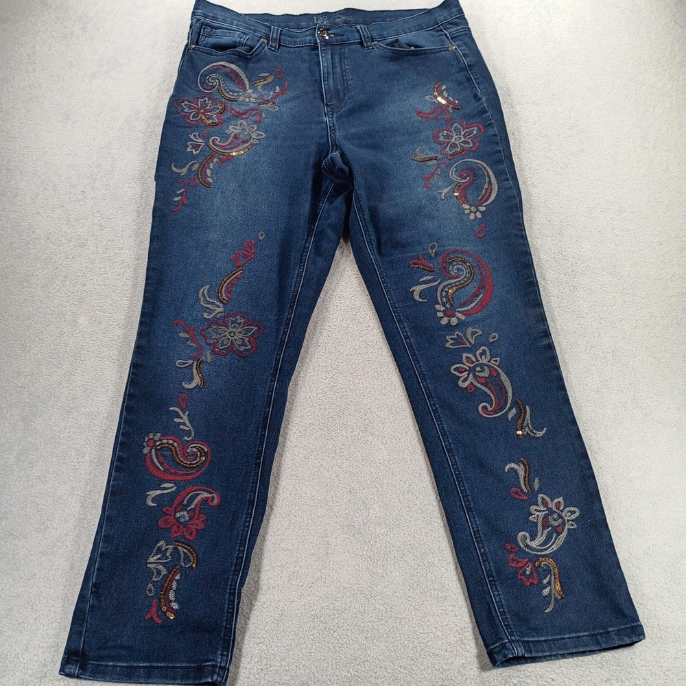 DG2 by Diane Gilman Women Jeans Blue Paisley Embroidered Sequin Size 14 Stretch